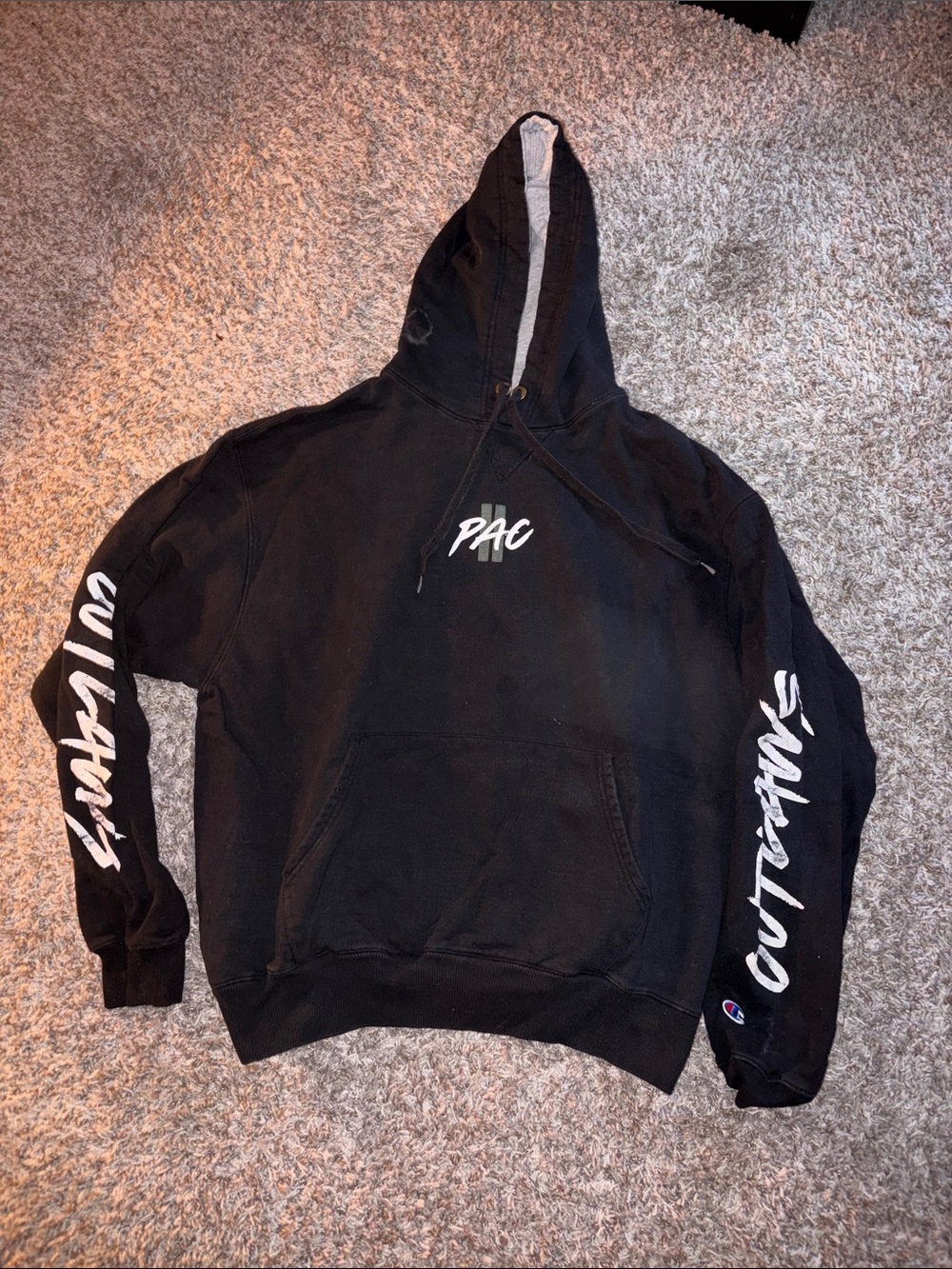 Champion Black Hoodie with White PAC & outlaws Sleeve Script